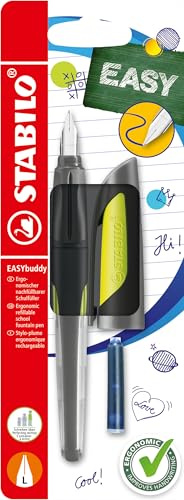 STABILO EASYbuddy - Ergonomic School Fountain Pen - L-Nib - Left-Handed - Pack of 1 - Black/Lime including Blue Ink Cartridge