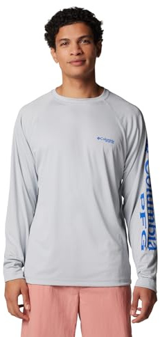 Columbia Herren PFG Terminal Tackle Langarm-Shirt, Sonnenschutz, Herren, Men’s PFG Terminal Tackle™ Long Sleeve Tee, Cooles grau/blaues Logo, X-Large