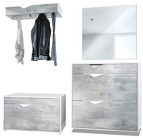 Vladon Ensemble Vestiaire Kolmio 190 x 185 x 33 cm portemanteau de Couloir, Caisson en Blanc Mat, façades en Aspect Béton Oxyde | Grand Choix de Couleurs