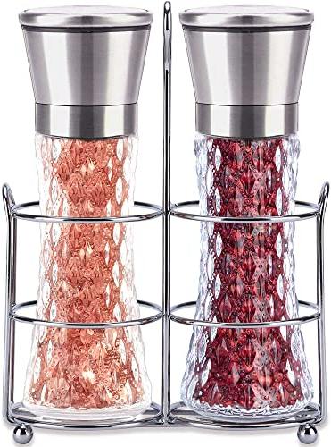 LISRSC Salt and Pepper Mill Set of 2, Refillable Salt and Pepper Grinders with Stand, Manual Ceramic Spice Grinders with Adjustable Coarseness Stainless Steel Glass Body Shakers Gift Set