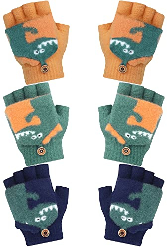 Bencailor 3 Paar Dinosaurier Kinder Handschuhe Halbfinger Gestrickt Fingerlos Winter Handschuhe mit Klappe (Dunkelgrün, Marineblau, Orange)