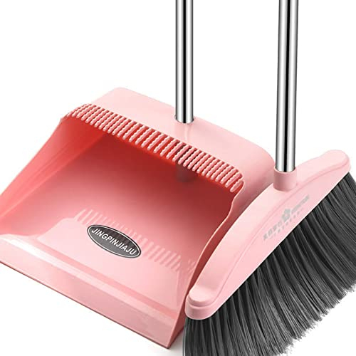 Gusengo Long Handled Dustpan And Brush, Dustpan And Brush Set, Long Handled Sweeping Brush With Upright Dustpan, Broom And Dustpan Combo For Indoor Outdoor Cleaning, Pink