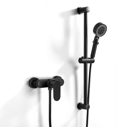 Namuoto Mitigeur Monocommande Douche Noir, Robinet Mitigeur de Douche Mural avec Barre de Douche Réglable 635mm, Douchette à Main 3 Modes, Flexible 150mm