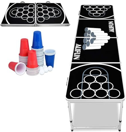 JNGLGO Trinkspiel Tisch aus Aluminium und MDF - Bierpong Tisch Set mit 50 Rot, 50 Blau Becher & 5 Bälle - Höhenverstellbar Beer Pong Partytisch 242 x 54 x 62 cm Schwarz