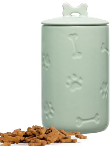 NIXBYO Hundgodisbehållare lufttät – 23 x 12,7 cm grön stor keramisk hundgodisburk för köksbänk, hundkaka burk med lock – bondgårdsstil hundmat förvaringsbehållare för hundar, katter, husdjur