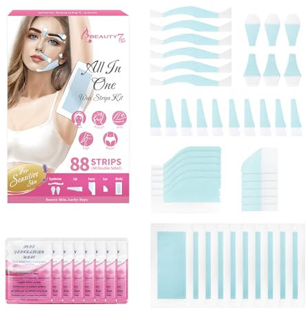 Beauty7 Wax Strips Kits 88pcs ALL in ONE, Waxing Strips Facial, Legs and Body Shaper Pre-cut Cold Wax Strips Facial Hair Removal for Sensitive Skin