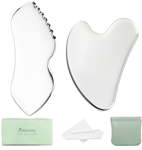 LeMeeOly 2Pcs Gua Sha Facial Tools Stainless Steel, Detailer GuaSha Set for Face Neck, Natural Skin Care Metal Gua Sha Lymphatic Drainage Face Massage Tool, Gift for Women