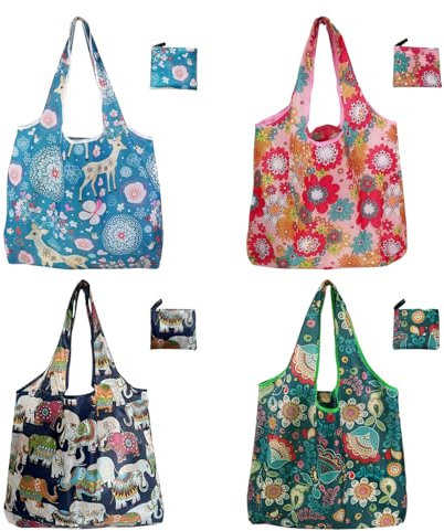 HTTDSLF 4 Stück Faltbare Einkaufstasche, Wiederverwendbare Einkaufstasche Einkaufsbeutel, Einkaufstaschen, Kapazität Einkaufsbeutel, Wiederverwendbare Einkaufstüten für den täglichen Einkauf Loading