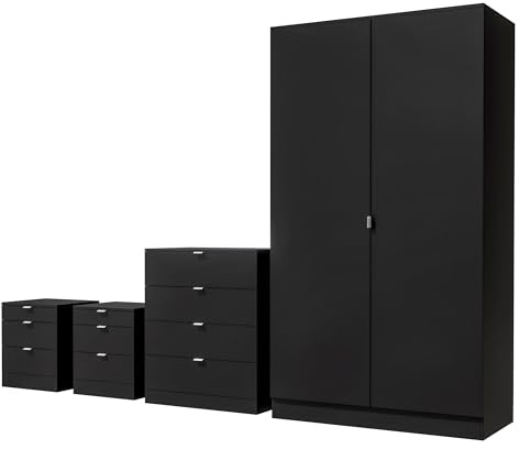 Nera 4 Piece Bedroom Furniture Set Wardrobe Chest of Drawers Bedside Table Set Bedroom Furniture Sets for Storage (Black)