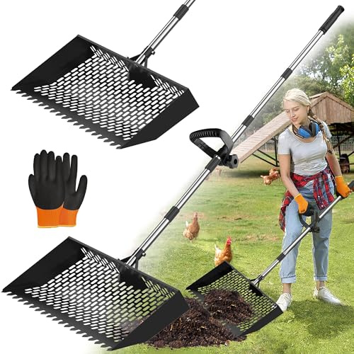 15 inches Large Chicken Poop Scooper & Rake 2-in-1, Adjustable Chicken Coop Pooper Shovel (37 to 77), Sifting Litter Shovel Scoop for Chicken Coop/Goat Stall/Stable Cleaning Tool