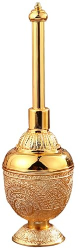 Floral Engraved Gold-Plated Holy Water Sprinkler, 8.66 Inch Zinc Alloy, Long Handle, Steady Base, Excellent for Devotional Services, Temple Ornamentation, and Bestowal