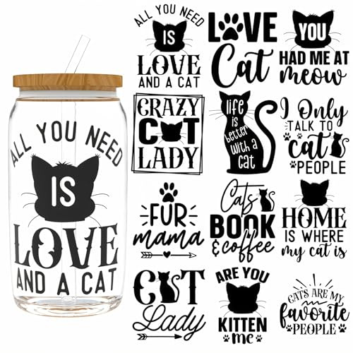 12pcs Cat Lover Cute Animal Iron On Transfers for T-Shirts Rub on Transfers Stickers Vinyl Ready to Press Stickers Iron on Decals for T-Shirts Clothing Hoodie DIY Crafts