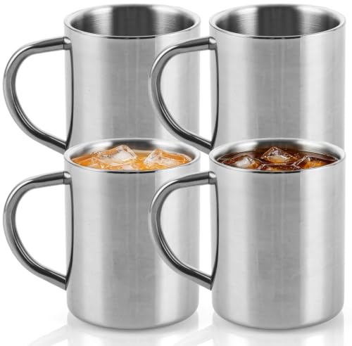 Ghligna Lot de 4 Gobelet Inox, 300ML Tasse Inox avec Poignée, Réutilisable Gobelet en Métal, À Double Paroi Mug, pour Voyage, Camping