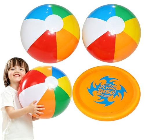 Glowcharm Beach Toys Set with 2pcs 16 Inflatable Beach Balls and Beach Frisbee, Pool Toys for Kids, Beach Games and Outdoor Water Toys for Garden, Swimming Pool, Camping and Family Holidays