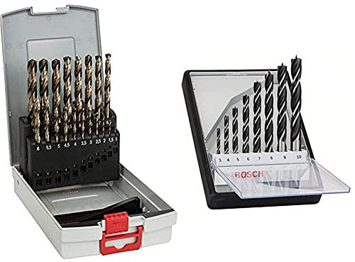 Bosch Professional 2608587014 19-Piece HSS-Cobalt ProBox Metal Drill Bit Set, Gold, 1mm-10mm & 2607010533 8-Piece Robust Line Brad Point Drill Bit Set (for Wood, Accessories for Drill Drivers)