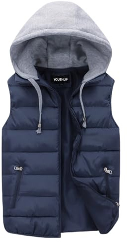 YOUTHUP Men's Outwear Gilets Winter Padded Gilet with Hood Thick Puffer Quilted Body Warmer Sleeveless Jacket Blue, M
