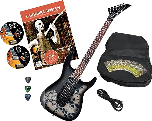 Rocktile Pro JK150F-BSK E-Gitarre Skull mit Zubehör (Gitarren Gigbag Tasche, Kabel, Plektren, Gitarren Schule mit CD & DVD, Gitarrensaiten)