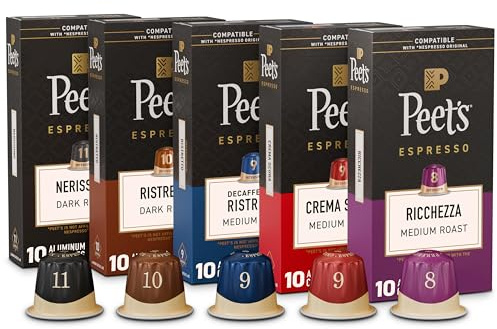 Peet's Coffee, Dark and Medium Roast Espresso Capsules Variety Pack with Decaf, Compatible with Nespresso Original Machine, Arabica Coffee - Intensity 8-11, 50 Count (5 Boxes of 10 Espresso Capsules)