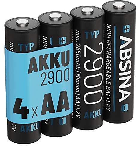 ABSINA Akku AA wiederaufladbar 2900 4er Pack - NiMH AA Akku mit 1,2V & min. 2650mAh - Aufladbare Batterien AA für Geräte mit hohem Stromverbrauch - Akkus AA für Blitzgerät, Wii & Xbox Controller