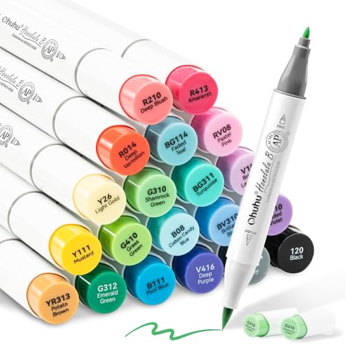 Ohuhu Alcohol Markers Brush Tip, AP Certificated 24 Basic Colors Double Tipped Alcohol Based Art Marker Set for Artist Sketching Adult Coloring Illustration - Brush and Fine Dual Tips - Honolulu B