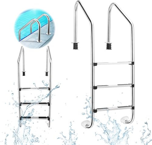 RELAX4LIFE Echelle de Piscine à 3 Marches en Acier Inoxydable, Escalier de Piscine Hors Sol avec Pédales Antidérapantes, Mains Courantes, pour Piscine Enterrée et Hors Sol, 147x53 CM