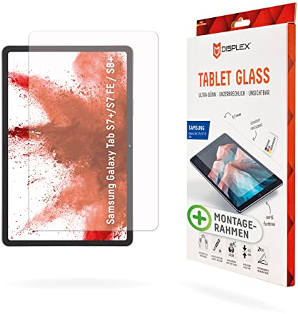 Displex Tablet Glass (9H) für Samsung Galaxy Tab S7+/S7 FE/S8+/S9+/S9 FE+, Eco-Montagerahmen L-Form, unzerbrechlich, ultra-dünn, unsichtbar