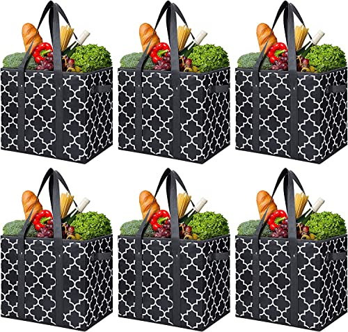 WISELIFE Reusable Grocery Bags 6-Pack Foldable Washable Large Storage Bins Basket Water Resistant Shopping Tote Bag Black
