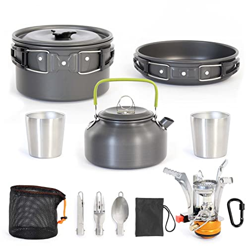 Toboli Set de Vaisselle Camping 12 pièces, en Acier/Aluminium, Équipement de Cuisine Plein air avec Réchaud, Casserole, Poêle, Bouilloire électrique, Couvert, Tasses et Sacs