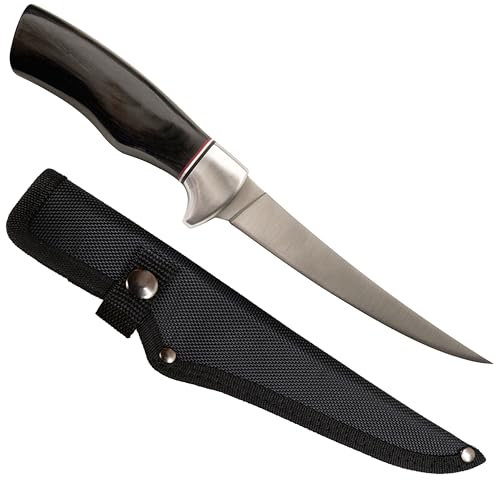 Zotic Angler Profi Fischfiletiermesser, deutscher Messerstahl, Holzgriff, Scheide, kurz, klein, scharf, flexible Klinge