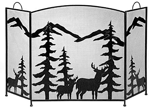 Kaminschirme Extra großer Kaminschirm flach mit Griff, Wald-Elch-Landschaftsdekor, Funkenschutzgitter, babysicherer Zaun, leicht zu bewegen (Farbe: Schwarz) (Schwarz) Present