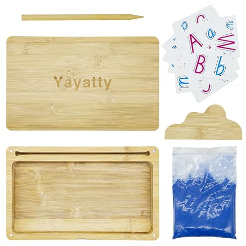 Yayatty Bacs à Sable en Bois Montessori Bac à Sable avec Couvercle für Kinder, Table de Sable Educative Jouet avec Sable, Stylo, Carte pour Les Enfants Ecriture Lettres et Chiffres, Dessin, Bleu