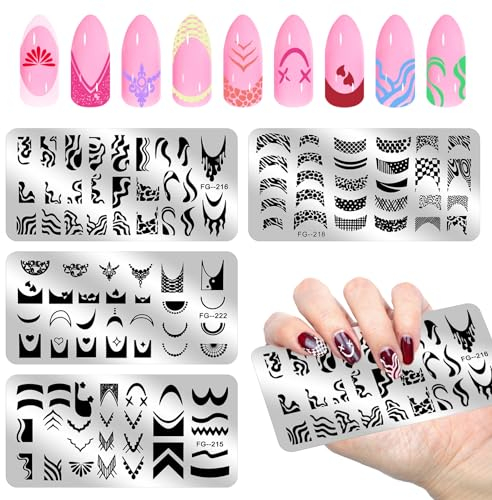 MWOOT 4 Piezas Estampador de Uñas, Plantillas Uñas Decoracion, Placas de Uñas para Uñas con Ola Rayas Líneas Geométrico, Placas Estampacion Uñas Kit Manicura Francesa para Salón Casa