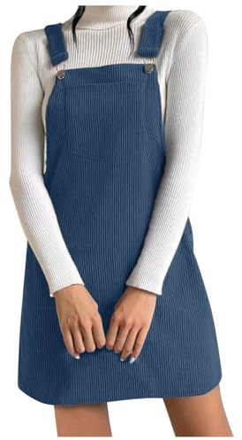 KBOPLEMQ Vestido de peto para mujer, de pana y línea A, con botones, suelto, informal, monocolor, otoño, invierno, con bolsillos, elegante, de pana, O azul., S
