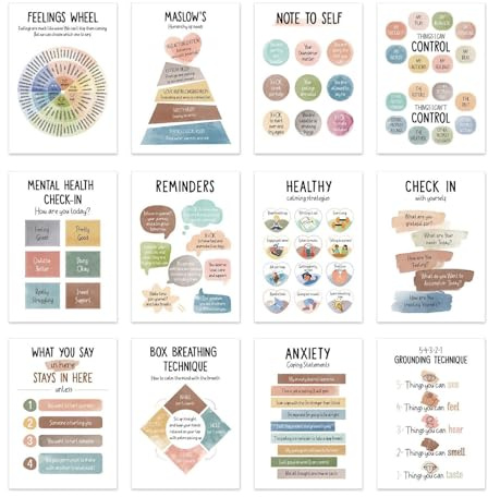 12 x Lugna rivbeständiga väggdiagram – 12 st psykologiska rådgivning rum affisch dekoration målningar skola psykologisk rådgivare känslomässig reglering tillbehör Dou