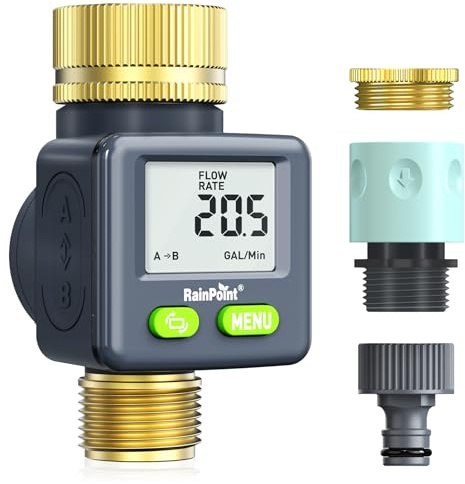 RAINPOINT Compteur d'eau avec entrée et sortie en laiton, horloge pratique pour le jardin, 4 modes de contrôle de la consommation d'eau, compteur de débit d'eau, débitmètre numérique rotatif à 180°