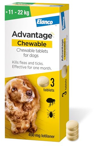 Advantage Chewable 450mg Chewable Tablets for Dogs >11 - 22kg (3 pack), Flea and Tick Treatment, Fast Acting Kills Fleas Within Hours, Prevention Lasts For A Month, Easy To Administer