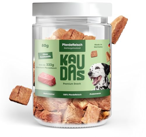 KAUDAS HästPur Naturligt mellanmål – 2 x 80 g frystorkat hästkött, godis, hund med hög proteinhalt, 100 % naturligt hundmellanmål 400 g råvikt – utan socker, spannmål och tillsatser