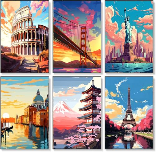 BEAYIOU 6 Pack Adult Paint by Number Kits Beginner Unframed,Scenery-Cityscape Easy Adults' Paint-by-Number Kits,DIY Painting by Numbers for Decor Present 7.8x11.8 inch