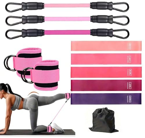 LEBKFT Juego de 11 bandas de resistencia rosas con puños de tobillo, equipo de ejercicio para gimnasio en casa para mujeres y hombres, entrenamiento de piernas y glúteos para pilates, yoga y