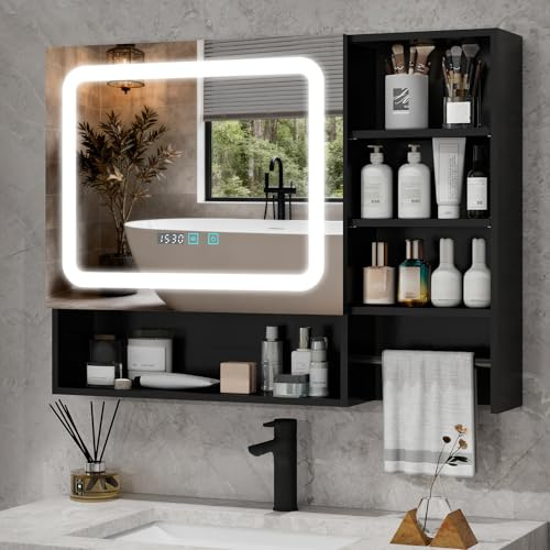 YU YUSING Spiegelschrank Bad mit LED Beleuchtung 80x60cm, Schwarz