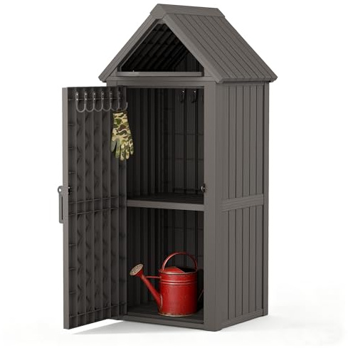 WTFGO Vertical Outdoor Storage Shed, Waterproof Resin Outdoor Storage Cabinet with Removable Shelves & 12 Hooks, Lockable Small Tool Shed for Garden, Backyard, Patio, Pool, Gray