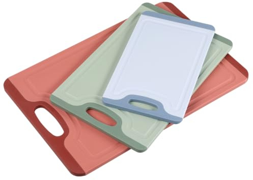 KESPER | 3er Set Schneidebretter mit RUTSCH-STOPP, Kunststoff, spülmaschinengeeignet, Maße: 36,5 x 24,5 cm / 29,5 x 19,5 cm / 23,5 x 14 cm, Farben: Rot, Grün, Blau | 92228