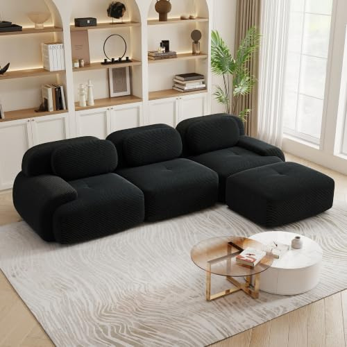luckdect 298cm Canapé d'angle, Canapé 3 Places avec 1 poufs, Canapé Compressé avec Accoudoirs Incurvés et Dessous Antidérapant, Canapé Modulaire en Velours Cotelé pour Salon