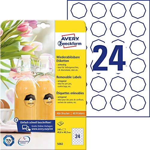 Avery Zweckform 5082 flasketiketter (240 etiketter (paket med 8 fyrkantiga avtagbara 40 8 x 40 mm, 3 mm) 10 vit