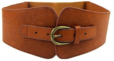 szzqdzsw Women Ladies Vintage Wide Faux Leather Flower Print Elastic Stretchy Corset Cinch Belt (Brown)
