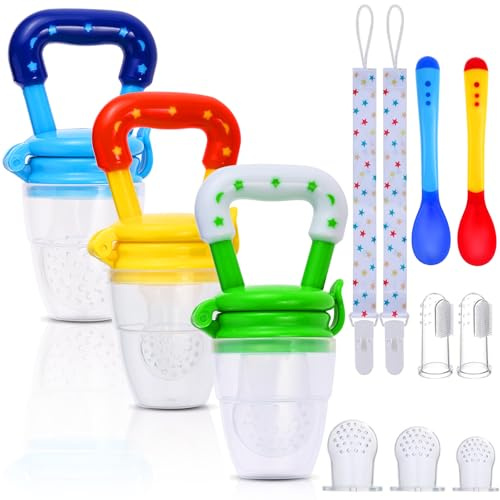 Faburo Ciuccio per Frutta, Ciuccio Clip, Cucchiai per l'alimentazione del bambino,BabySpazzolino da dito, Sostituzione sacchetti in silicone Bambino (12pcs)