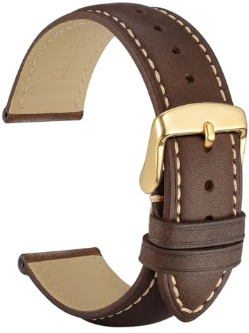 WOCCI 24mm Vintage Leather Watch Strap with Gold Buckle, Replacement Band (Dark Brown/Contrasting Stitch)