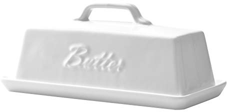 Bruntmor Ceramic Butter Dish With Lid. Butter Holder/ Tray/ Storage With Lid And Handle. Porcelain Butter Keeper For Countertop. Butter Dish With Cover In White Color.
