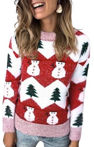 Marvmys Jersey Navideño para Mujer Manga Larga Suéter de Navidad Invierno Ropa de Punto de Reno Monigote de Nieve Cuello Redondo