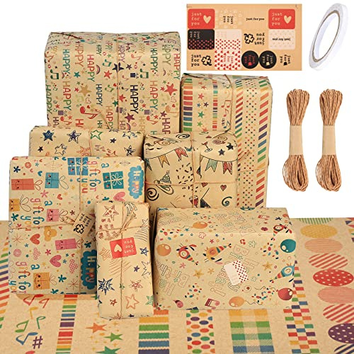 QOOSIKICC 7 Pezzi Carta da Regalo Kraft, Riciclata Carta da Imballaggio per Compleanno Feste Anniversari San Valentino Regalo, 70 x 50 cm, con Nastro Biadesivo, Corda di Paglia da 10 m, Adesivi